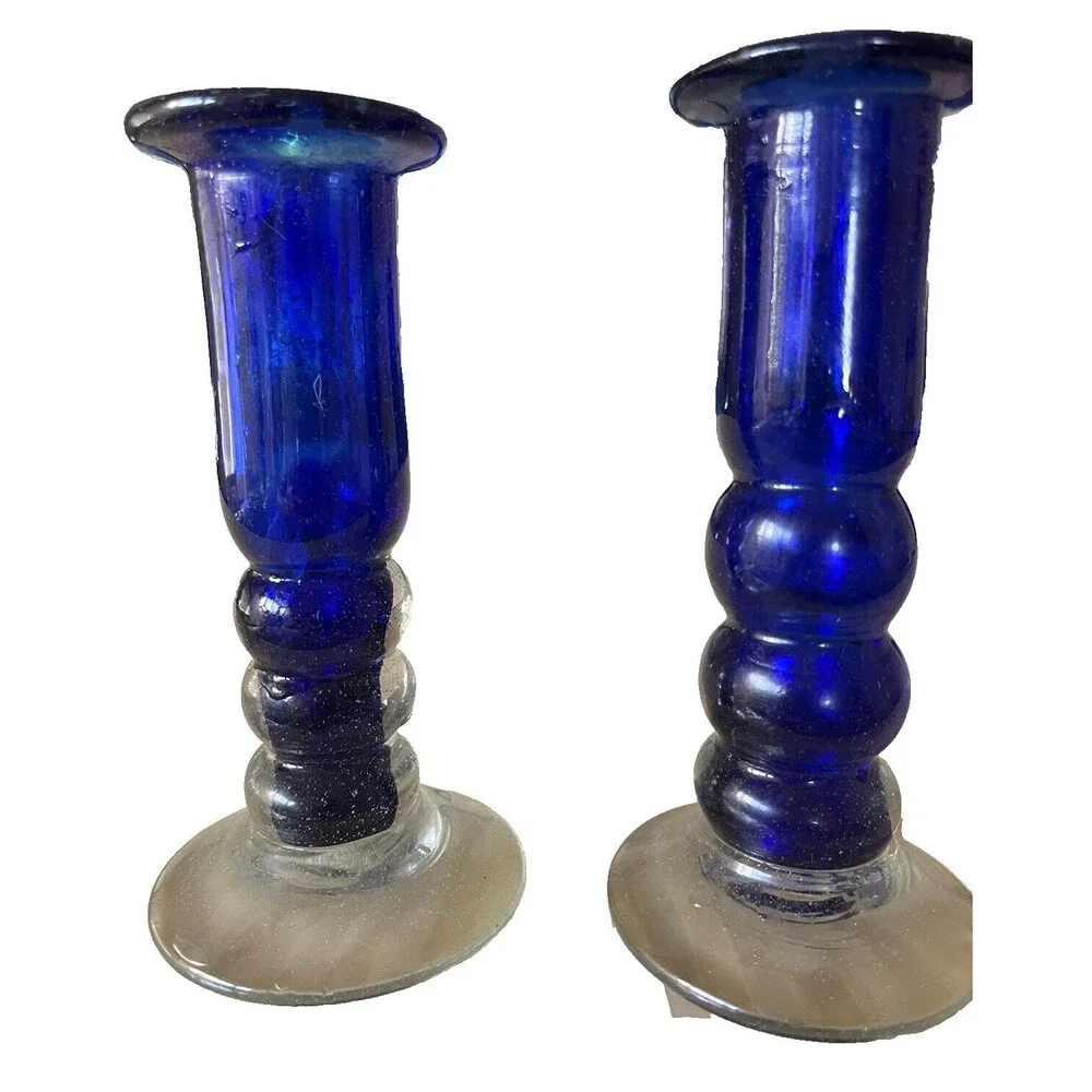 Cobalt Blue Glass‎ Candlestick Holder Vintage Pair 2 Handblown Staircase Candle